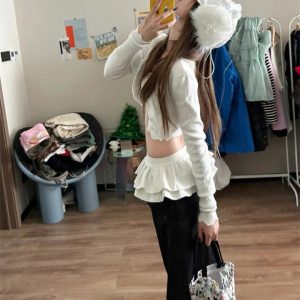 Black Drawstring Straight-Leg Pants for Women, 2023 Autumn Winter Puffy Skirt Splicing, Loose Airy Windproof Sweatpants