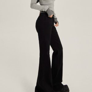 Black Flared Jeans for Women, Low-Waisted Fleece-Lined, Stretchy Loose Fit, Slimming Floor-Length Pants - 2024 Autumn Winter Style