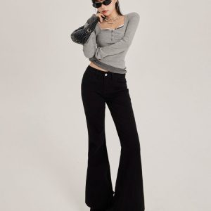 Black Flared Jeans for Women, Low-Waisted Fleece-Lined, Stretchy Loose Fit, Slimming Floor-Length Pants - 2024 Autumn Winter Style
