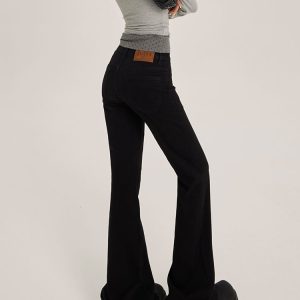 Black Flared Jeans for Women, Low-Waisted Fleece-Lined, Stretchy Loose Fit, Slimming Floor-Length Pants - 2024 Autumn Winter Style