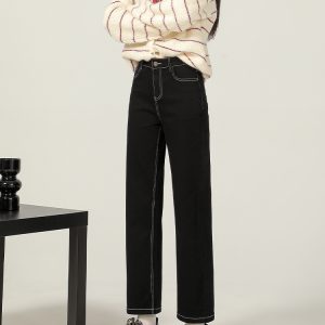 Black Fleece-Lined Straight Tube Cigarette Pants for Women - 2024 Autumn Winter, Four-Way Stretch, Nine-Point Length, Petite Fit