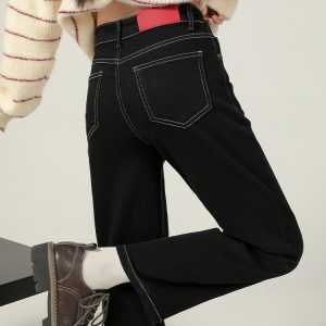 Black Fleece-Lined Straight Tube Cigarette Pants for Women - 2024 Autumn Winter, Four-Way Stretch, Nine-Point Length, Petite Fit