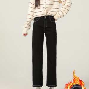Black Fleece-Lined Straight Tube Cigarette Pants for Women - 2024 Autumn Winter, Four-Way Stretch, Nine-Point Length, Petite Fit
