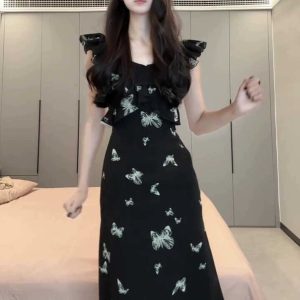 Black Flutter Sleeve Butterfly Print Dress for Women - Summer Petite Fit, Waist-Cinching, Slimming Mid-Length Mermaid Style