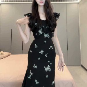 Black Flutter Sleeve Butterfly Print Dress for Women - Summer Petite Fit, Waist-Cinching, Slimming Mid-Length Mermaid Style