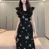 Black Flutter Sleeve Butterfly Print Dress for Women - Summer Petite Fit, Waist-Cinching, Slimming Mid-Length Mermaid Style