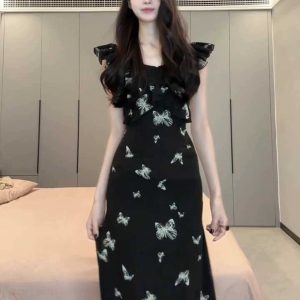 Black Flutter Sleeve Butterfly Print Dress for Women - Summer Petite Fit, Waist-Cinching, Slimming Mid-Length Mermaid Style
