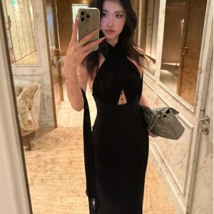 Black Halter Long Dress with Flowing Ribbons, Hollow Design & Versatile Styles - French Fashion Inspired