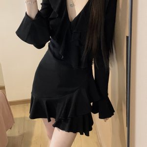 Black Hepburn-Style V-Neck Knitted Dress for Women, Autumn Ruffled Flared Sleeves, Slim Fit Little Black Dress, 90s Inspired Fashion