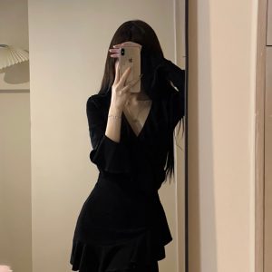 Black Hepburn-Style V-Neck Knitted Dress for Women, Autumn Ruffled Flared Sleeves, Slim Fit Little Black Dress, 90s Inspired Fashion