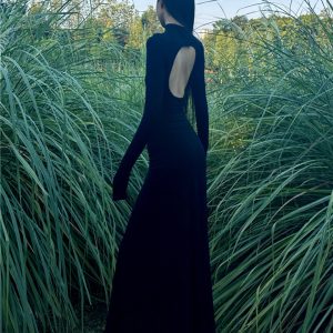 Black High-Neck Backless Dress for Women - Autumn Sexy Slim-Fit Waist-Cinching Long Skirt - Perfect for 90s Y2K Style