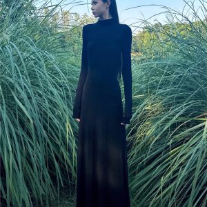 Black High-Neck Backless Dress for Women - Autumn Sexy Slim-Fit Waist-Cinching Long Skirt - Perfect for 90s Y2K Style