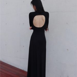 Black High-Neck Backless Dress for Women - Autumn Sexy Slim-Fit Waist-Cinching Long Skirt - Perfect for 90s Y2K Style