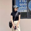 Black High-Neck Short-Sleeve T-Shirt for Women - Slim Fit Elegant Knitted Top, 2024 Summer Style, Trendy Niche Design
