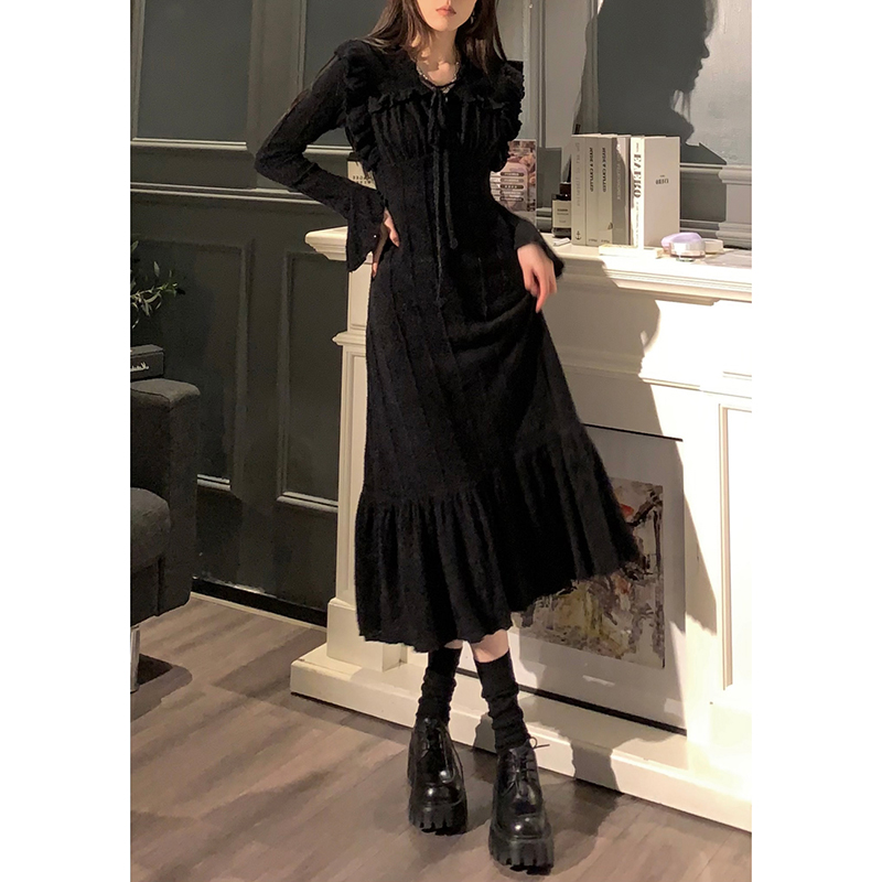 Black Lace-Trimmed Long Sleeve Dress for Women, Waist-Cinching, Elegant Tie-Up Knitted Skirt, 2025 Spring Fashion Trend
