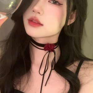 Black Lace-Up Rose Necklace Choker for Women - Vintage Style Collarbone Chain Jewelry, Sweet Cool Hot Girl Accessory