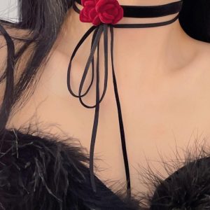 Black Lace-Up Rose Necklace Choker for Women - Vintage Style Collarbone Chain Jewelry, Sweet Cool Hot Girl Accessory