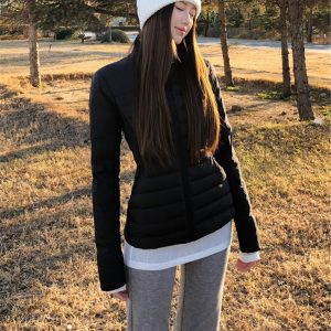Black Lightweight Spliced Stand Collar Down Jacket for Women - Winter 2024 Slim Fit Waist-Cinching White Duck Down Coat