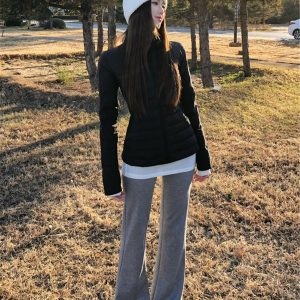 Black Lightweight Spliced Stand Collar Down Jacket for Women - Winter 2024 Slim Fit Waist-Cinching White Duck Down Coat