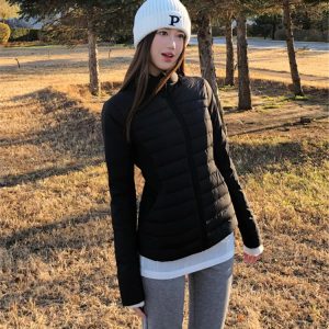 Black Lightweight Spliced Stand Collar Down Jacket for Women - Winter 2024 Slim Fit Waist-Cinching White Duck Down Coat