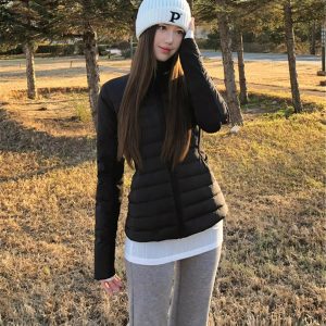 Black Lightweight Spliced Stand Collar Down Jacket for Women - Winter 2024 Slim Fit Waist-Cinching White Duck Down Coat