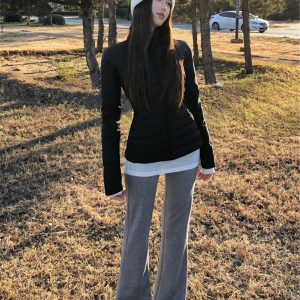 Black Lightweight Spliced Stand Collar Down Jacket for Women - Winter 2024 Slim Fit Waist-Cinching White Duck Down Coat