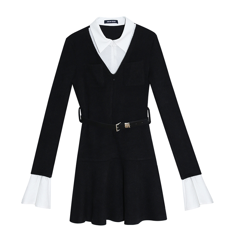 Black Long Sleeve Faux Two-Piece Knitted Dress for Women with Waist Design, A-Line Short Skirt, Autumn Winter 2025 Fashion