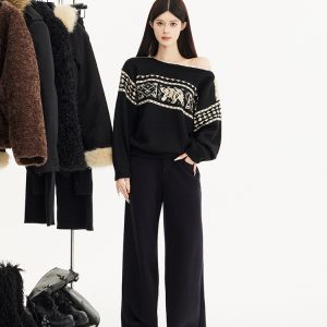 Black Off-Shoulder Loose Slimming Vintage Fair Isle Snowflake Sweater for Autumn/Winter Fashion, Y2K Style
