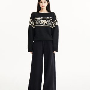 Black Off-Shoulder Loose Slimming Vintage Fair Isle Snowflake Sweater for Autumn/Winter Fashion, Y2K Style