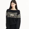 Black Off-Shoulder Loose Slimming Vintage Fair Isle Snowflake Sweater for Autumn/Winter Fashion, Y2K Style