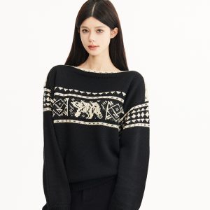 Black Off-Shoulder Loose Slimming Vintage Fair Isle Snowflake Sweater for Autumn/Winter Fashion, Y2K Style