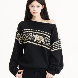 Black Off-Shoulder Loose Slimming Vintage Fair Isle Snowflake Sweater for Autumn/Winter Fashion, Y2K Style