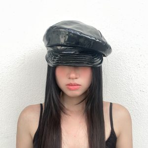 Black Patent Leather Octagonal Newsboy Cap - Trendy Internet Celebrity Style, Retro Fashion Hat for Small Faces
