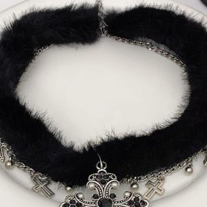 Black Plush Y2K Gothic Cross Necklace Choker - Dark Sweet Cool Subculture Neck Chain for Girls, Collarbone Style