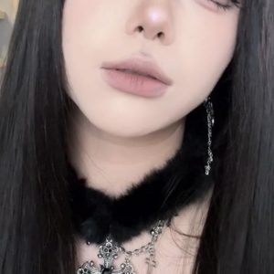Black Plush Y2K Gothic Cross Necklace Choker - Dark Sweet Cool Subculture Neck Chain for Girls, Collarbone Style