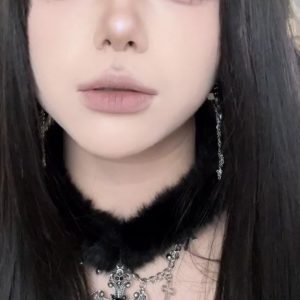 Black Plush Y2K Gothic Cross Necklace Choker - Dark Sweet Cool Subculture Neck Chain for Girls, Collarbone Style