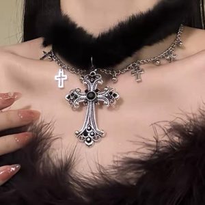 Black Plush Y2K Gothic Cross Necklace Choker - Dark Sweet Cool Subculture Neck Chain for Girls, Collarbone Style