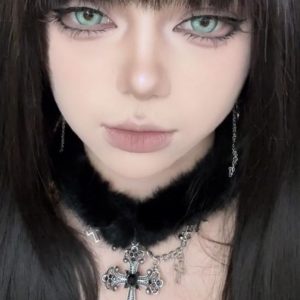 Black Plush Y2K Gothic Cross Necklace Choker - Dark Sweet Cool Subculture Neck Chain for Girls, Collarbone Style