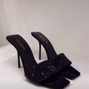 Black Rhinestone Open-Toe High-Heeled Sandals for Women, Square Toe, Thin Heel, Sexy One-Strap Design, Summer 2023 Fashion