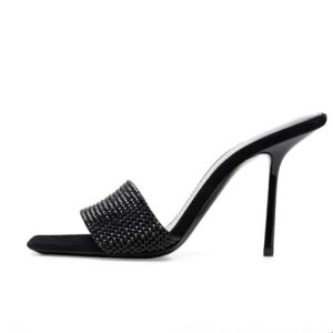 Black Rhinestone Open-Toe High-Heeled Sandals for Women, Square Toe, Thin Heel, Sexy One-Strap Design, Summer 2023 Fashion