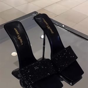 Black Rhinestone Open-Toe High-Heeled Sandals for Women, Square Toe, Thin Heel, Sexy One-Strap Design, Summer 2023 Fashion