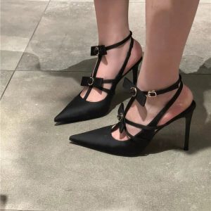 Black Satin High-Heeled Sandals for Women, Pointed Toe, Thin Heel, One-Strap Buckle, Sexy Spring Summer 2024 Style