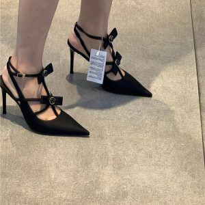 Black Satin High-Heeled Sandals for Women, Pointed Toe, Thin Heel, One-Strap Buckle, Sexy Spring Summer 2024 Style