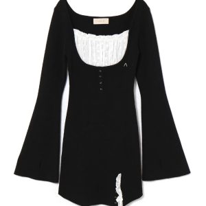 Black Spliced Low Round Neck Long Sleeve Dress with Slit - Slim Fit Short Skirt, Perfect for Early Spring, Y2K Style