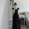 Black Square-Neck Butterfly Embroidered Flying Sleeve Dress - Elegant Waist-Cinching Little Black Dress for Summer 2023