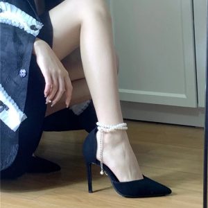 Black Suede Pointed Toe High-Heeled Sandals for Women - Elegant Single Strap with Pearl Detail, Autumn Winter 2024 Fashion