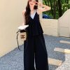 Black Two-Piece Camisole and Wide-Leg Pants Set for Women - Trendy Summer 2025 Casual Outfit, Sweet and Cool Style