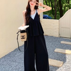 Black Two-Piece Camisole and Wide-Leg Pants Set for Women - Trendy Summer 2025 Casual Outfit, Sweet and Cool Style