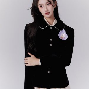 Black Velvet Little Chanel Jacket - Elegant and Graceful Style, Praying for the Curtain to Fall, Y2K Inspired Fashion Piece