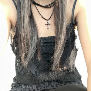 Black Vintage Spicy Girl Cross Pendant Necklace - Double Layer Crystal Punk Women's Clavicle Chain, High-End Ins Style